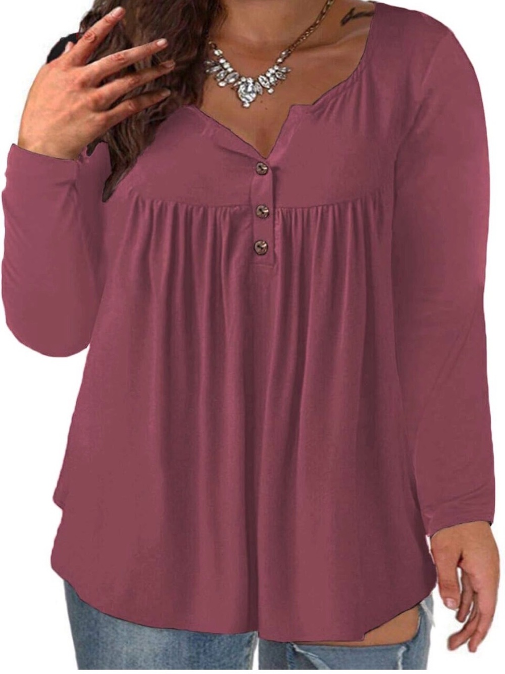 VISLILY Women's Plus Size Henley Shirts Long Sleeve Tops Buttons Up Blouses Plea